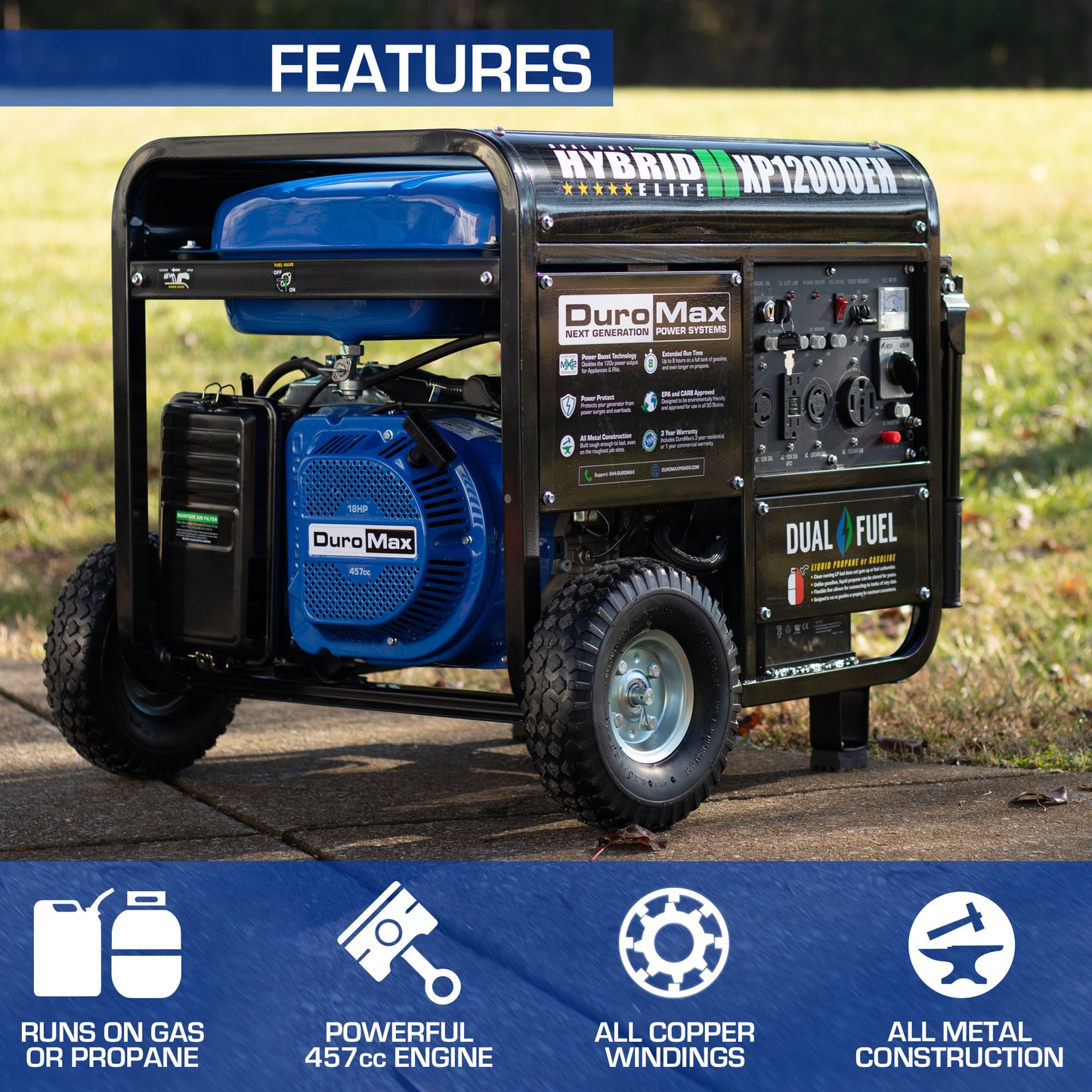 DuroMax XP12000EH 12,000-Watt/9,500-Watt 457cc Electric Start Dual Fuel Portable Generator
