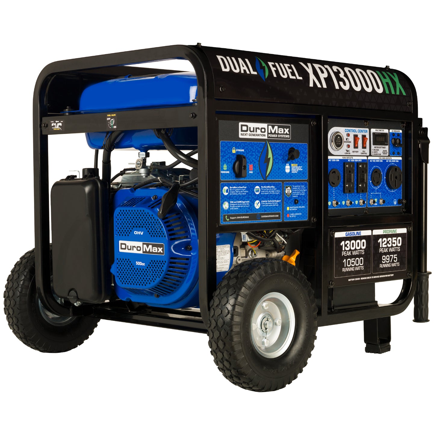 DuroMax XP13000HX 13,000-Watt/10,500-Watt 500cc Electric Start Dual Fuel Portable Generator with CO Alert