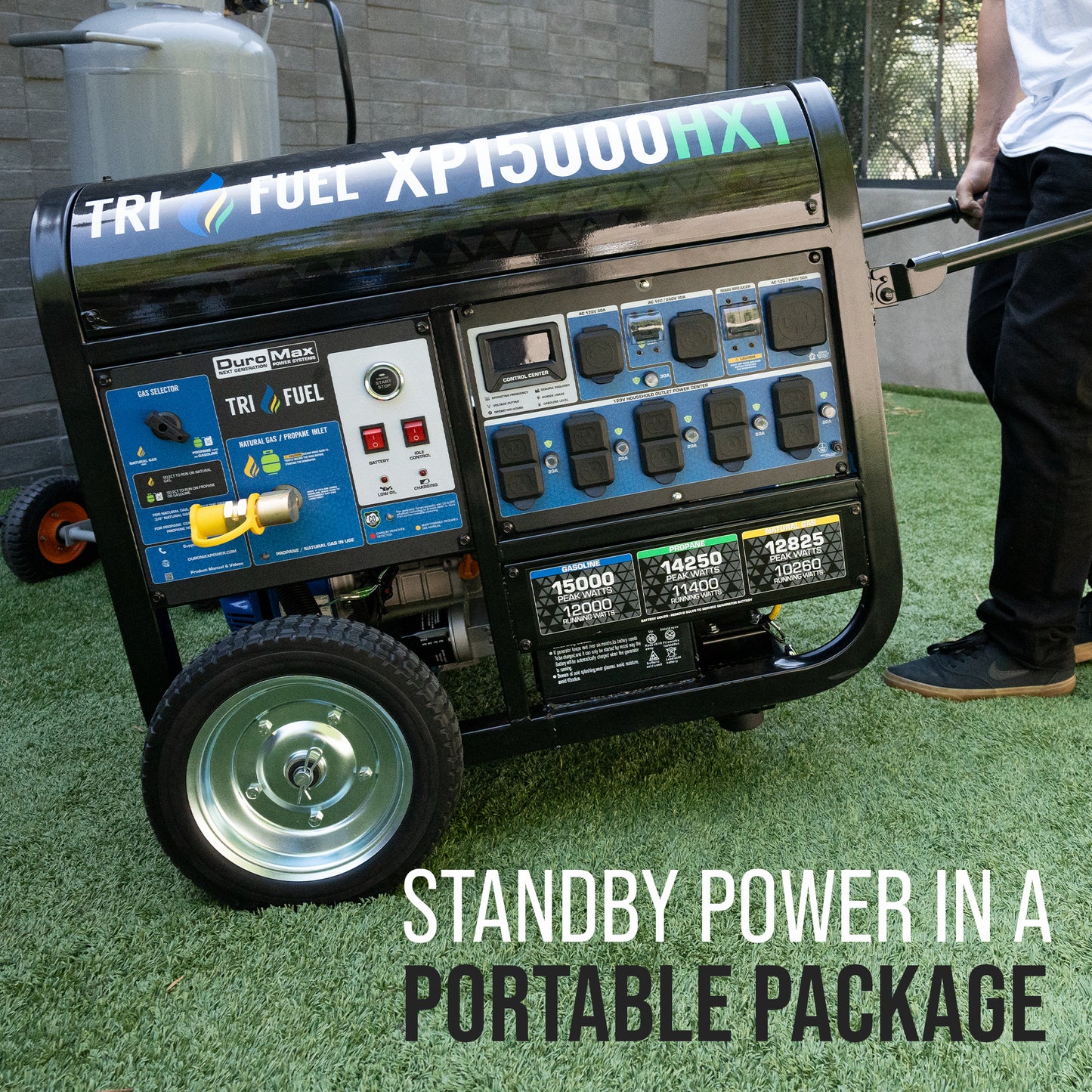 DuroMax XP15000HXT 15,000-Watt/12,000-Watt Electric Start Tri Fuel Portable Generator