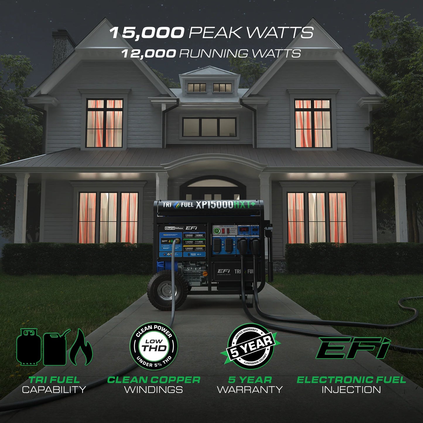 DuroMax XP15000HXT+ 15,000 Watt Electric Start Tri Fuel EFI Portable Generator