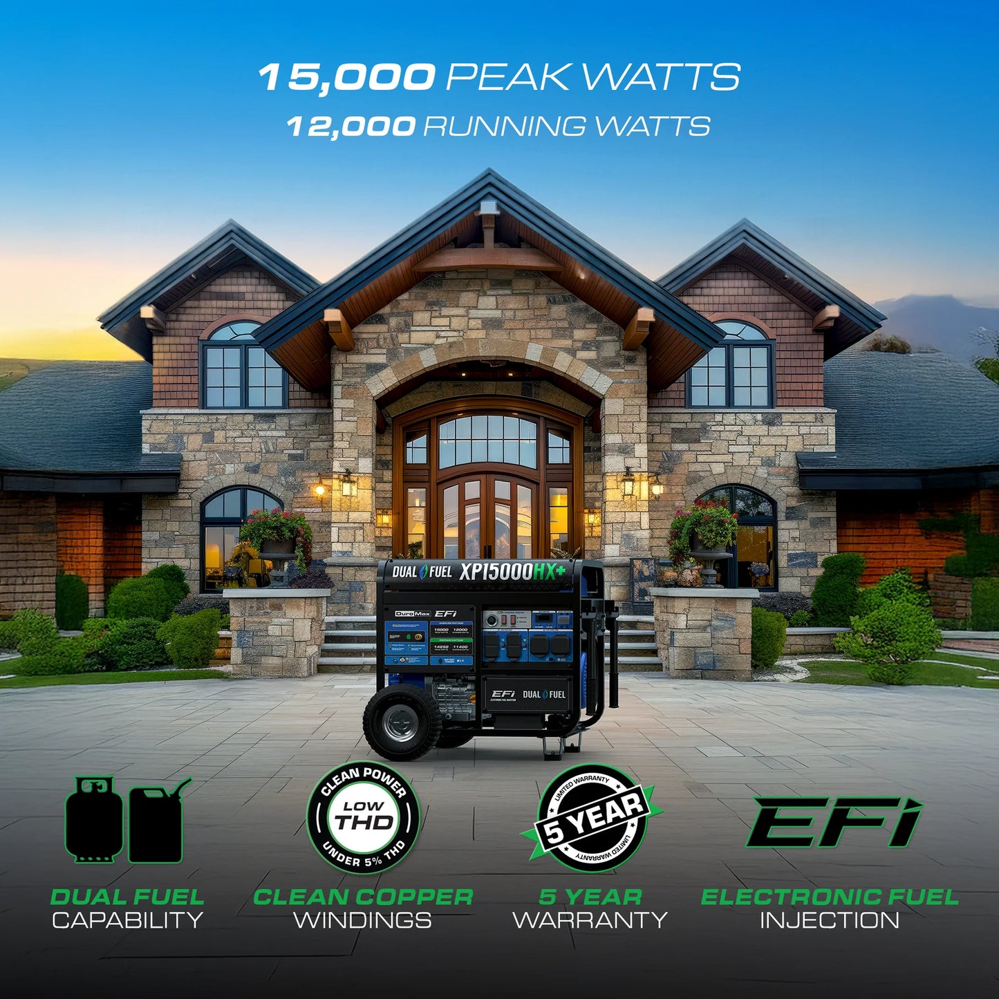 DuroMax XP15000HX+ 15,000 Watt Electric Start Dual Fuel EFI Portable Generator