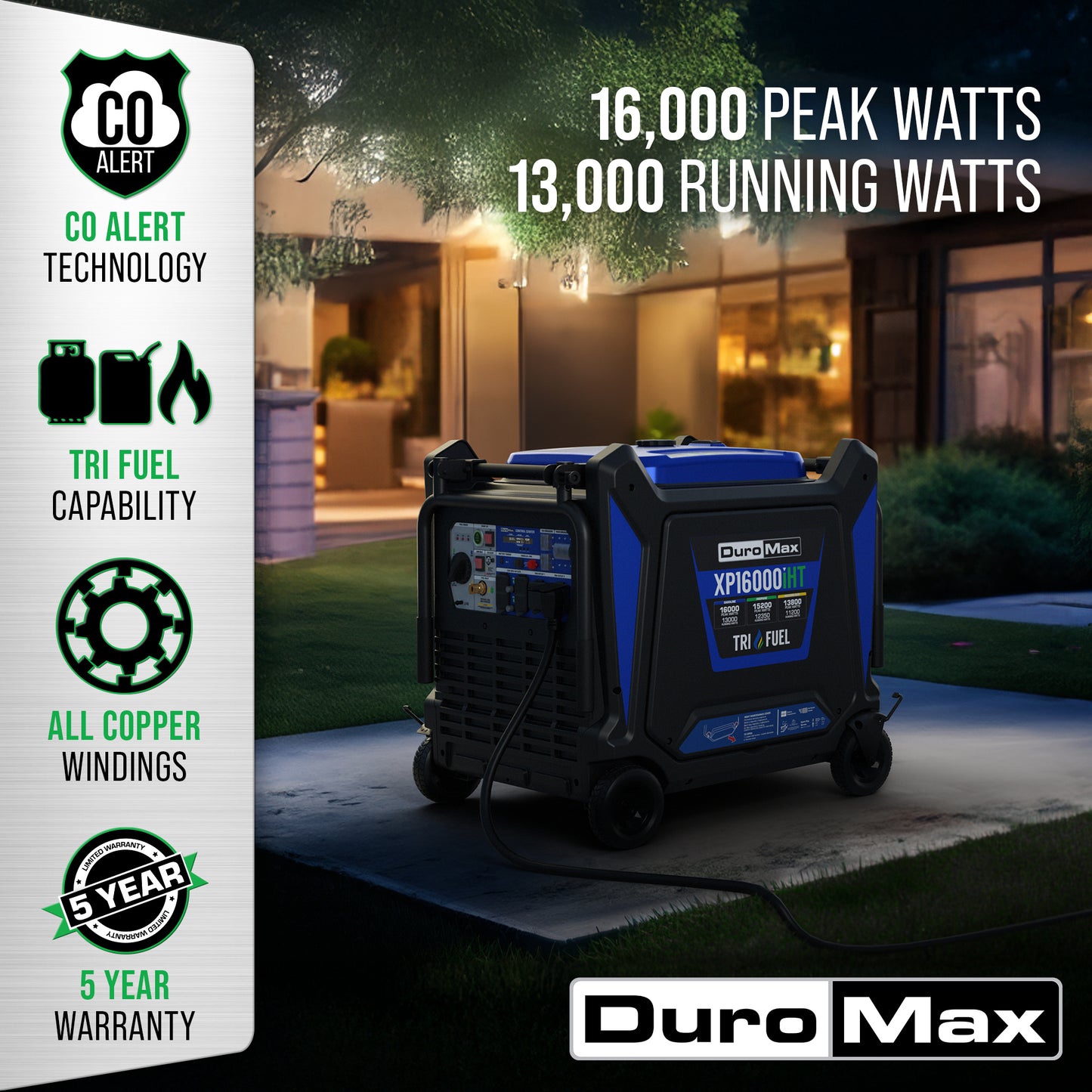 DuroMax XP16000iHT 16,000 Watt Tri Fuel Portable Inverter Generator w/ CO Alert