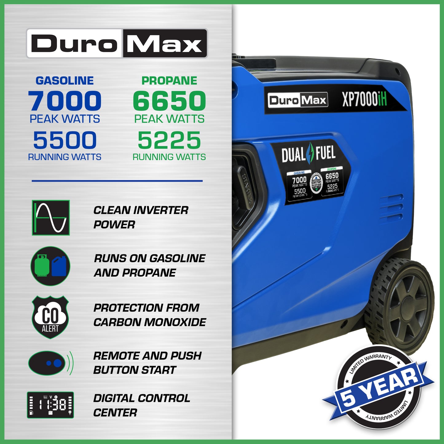 DuroMax XP7000iH 7,000 Watt Portable Dual Fuel Inverter Generator w/ CO Alert