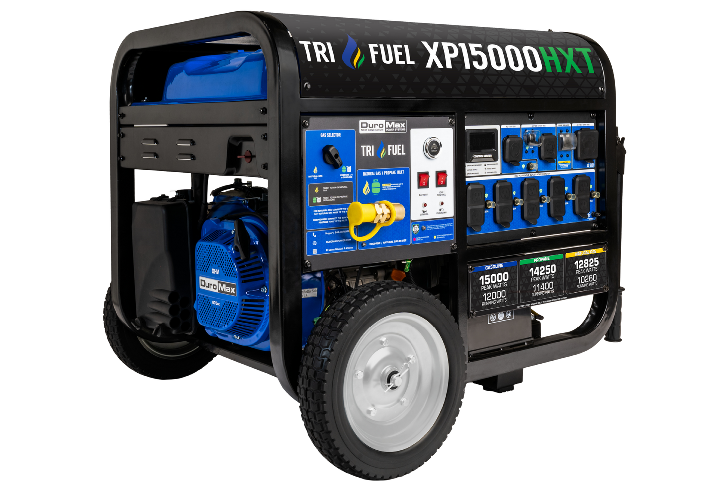 DuroMax XP15000HXT 15,000-Watt/12,000-Watt Electric Start Tri Fuel Portable Generator