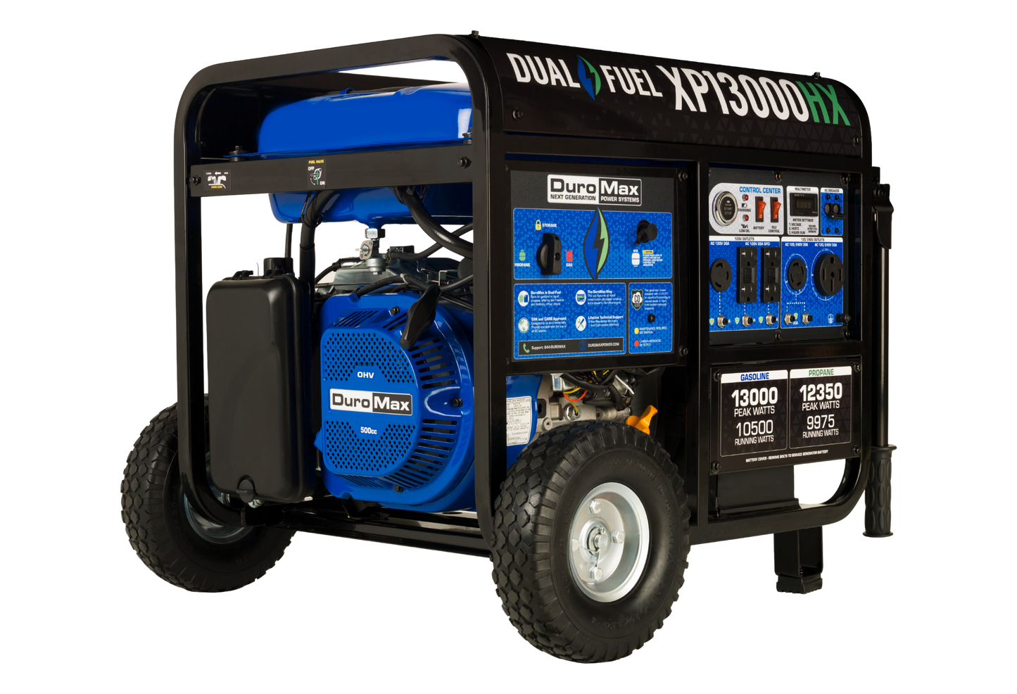 DuroMax XP13000HX 13,000-Watt/10,500-Watt 500cc Electric Start Dual Fuel Portable Generator with CO Alert