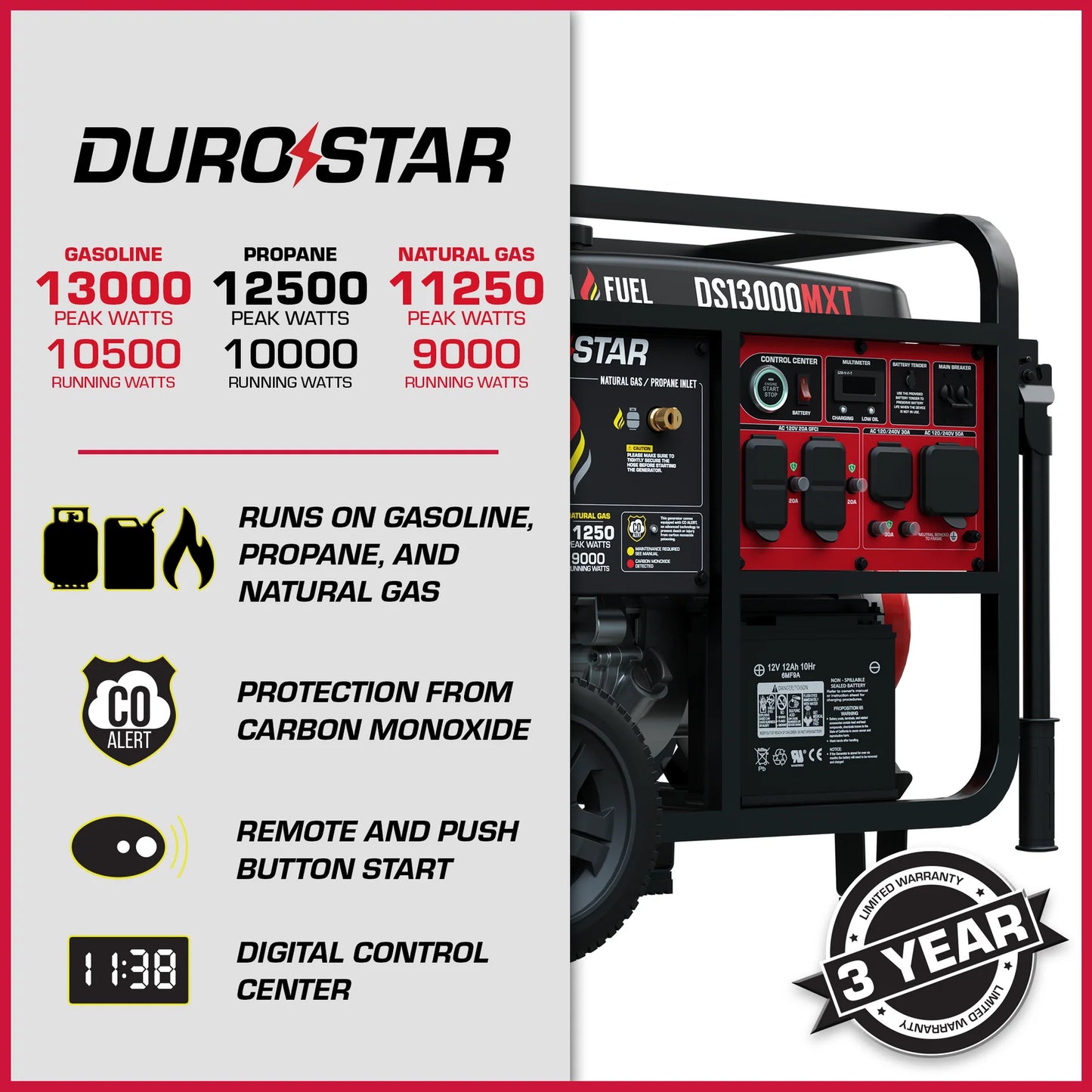 DuroStar DS13000MXT 13,000 Watt Tri Fuel Portable Generator w/ CO Alert