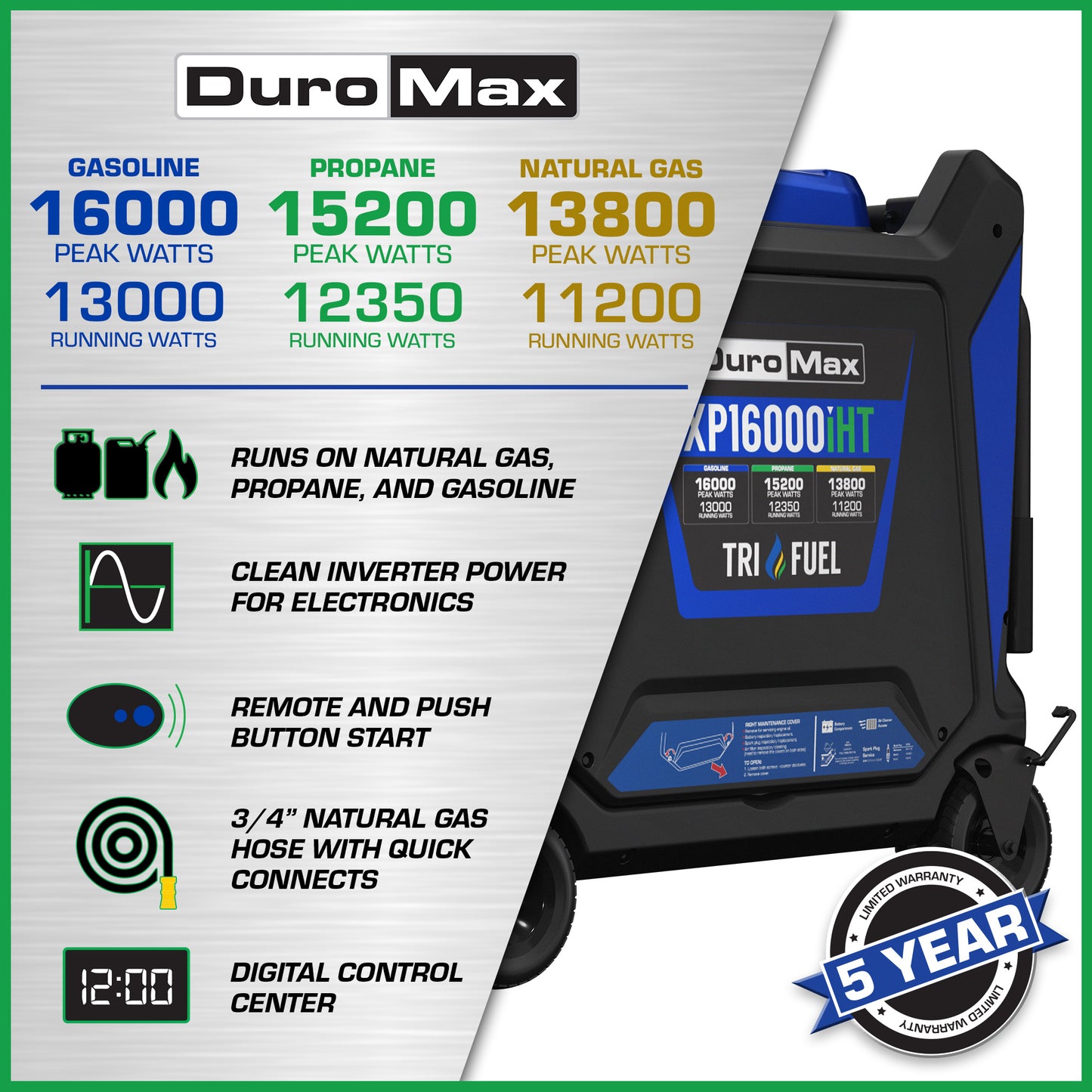 DuroMax XP16000iHT 16,000 Watt Tri Fuel Portable Inverter Generator w/ CO Alert